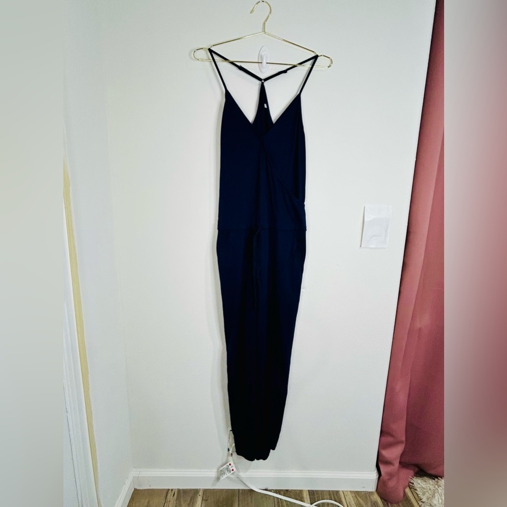 Women’s Blue Sleeveless Jumpsuit Size Large Soft Casual Drawstring Waist Stretch